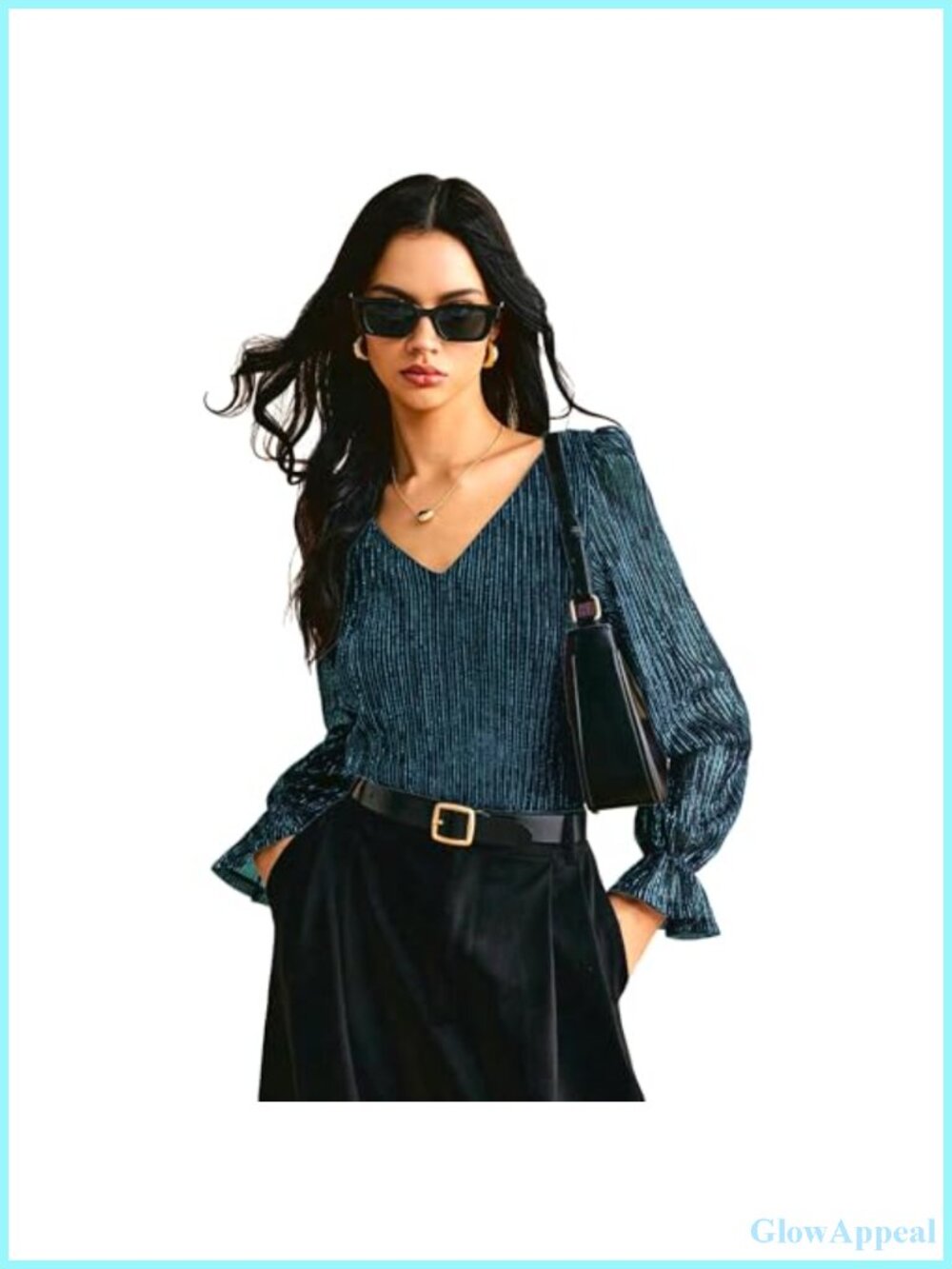 Sequin V-Neck Blouse with Ruffle Sleeves Long Sleeve Party Top